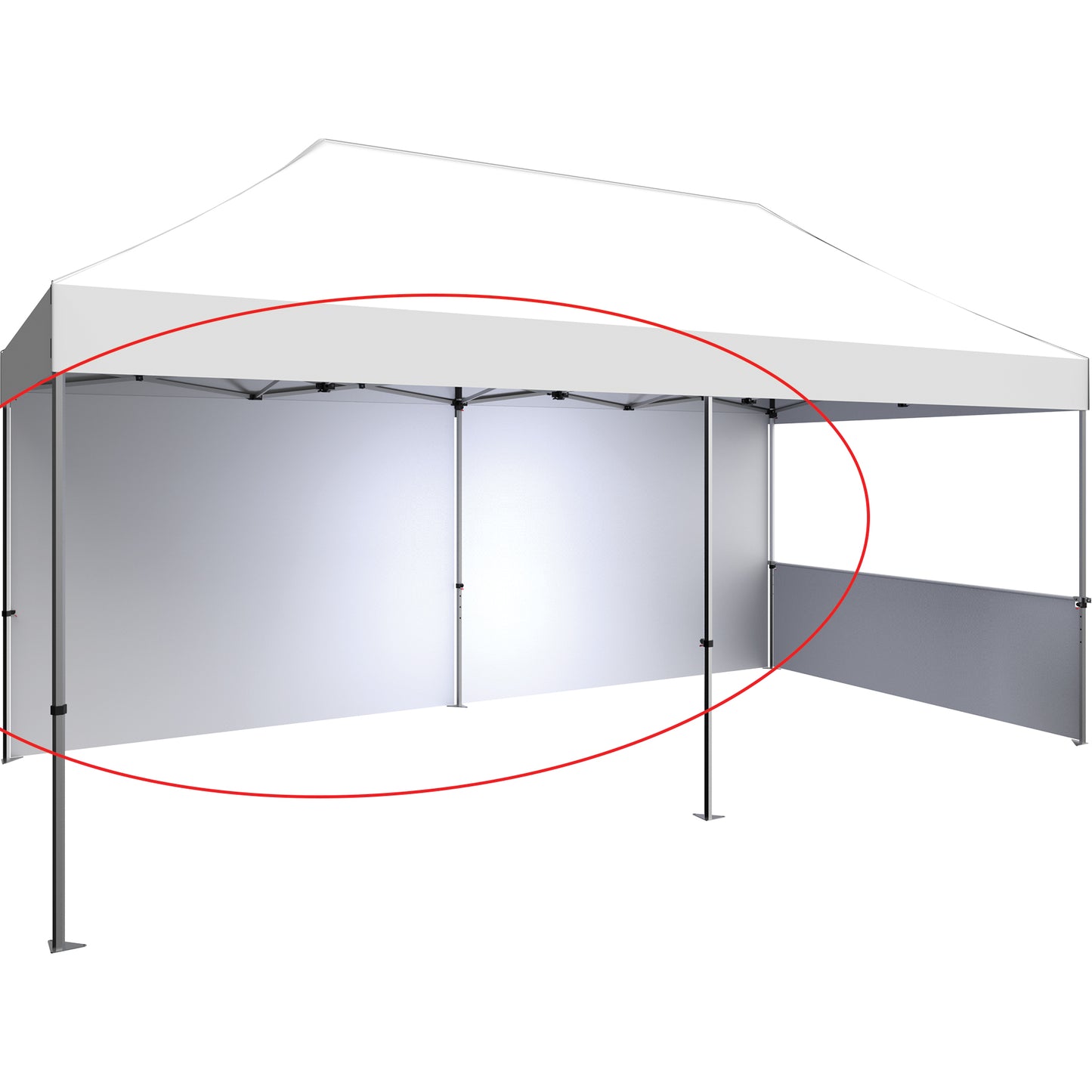 Two 114" Tent Full Walls Make a Full 20' Wall. Shown on 20' Standard Tent With White Canopy & Right-Side Half Wall (All Sold Separately).