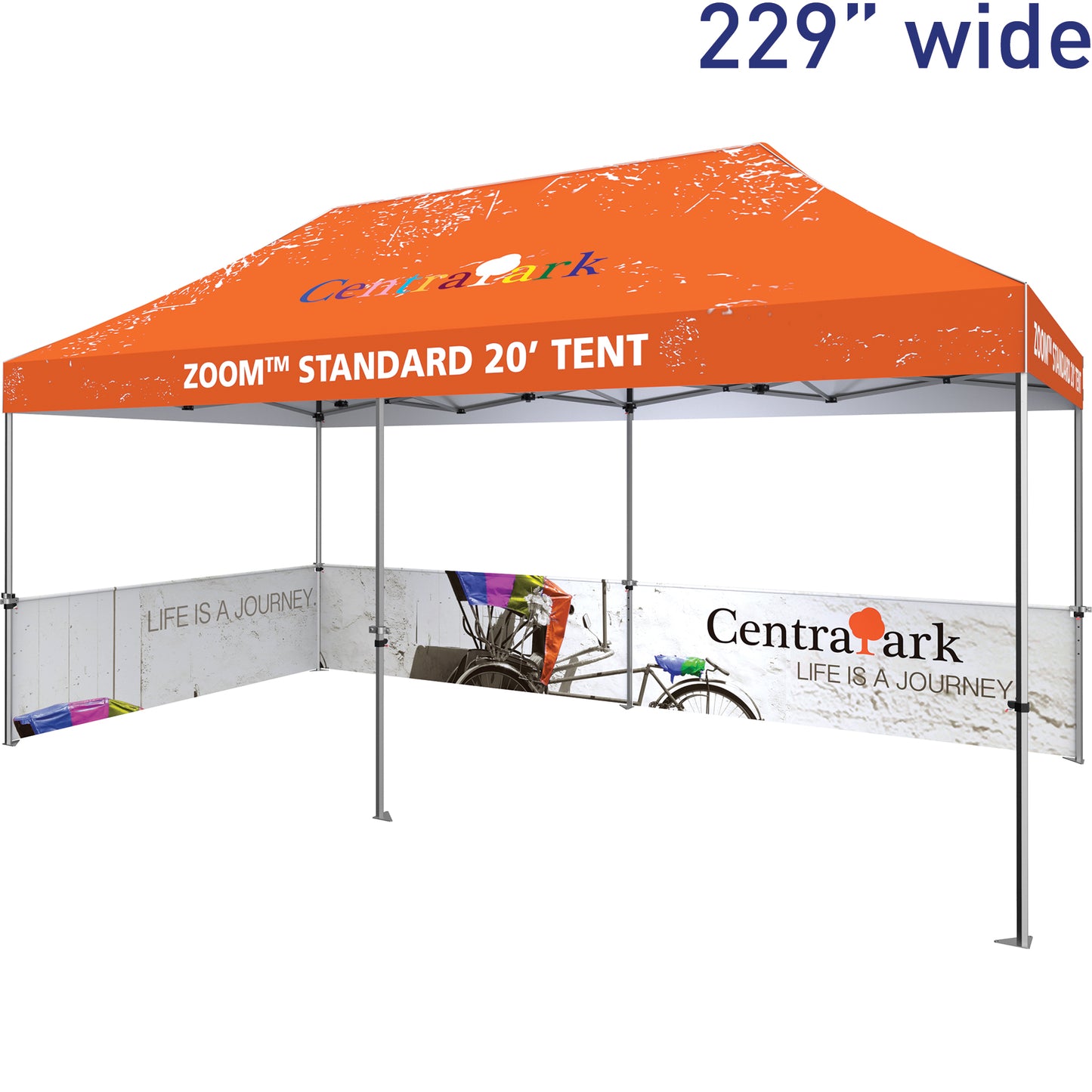 Two 114" Tent Half Walls Make a Full 20' Half Wall. Shown on 20' Standard Tent With Custom-Printed Canopy & 114" Half Wall on Left-Hand Side (All Sold Separately).