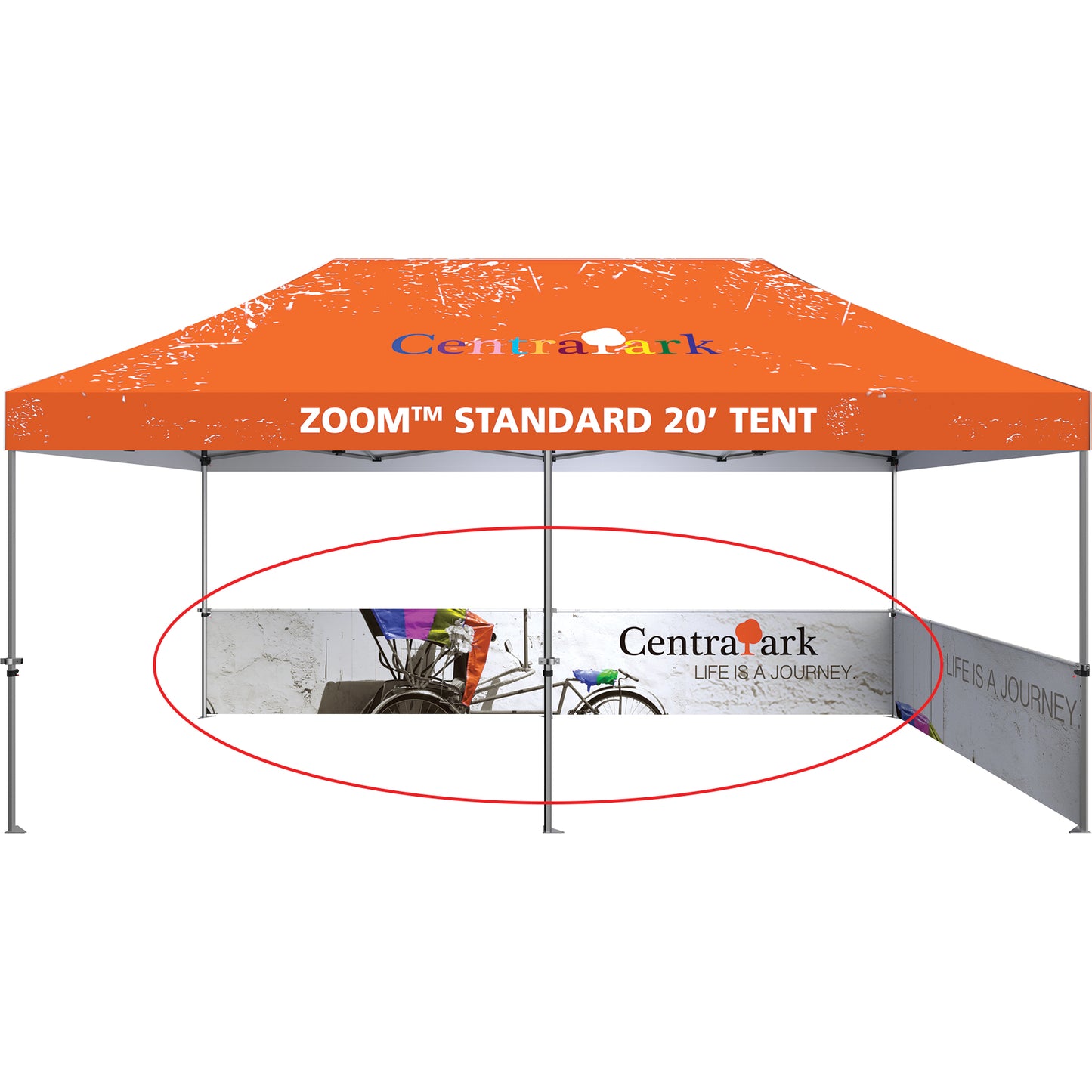 Two 114" Tent Half Walls Make a Full 20' Half Wall. Shown on 20' Standard Tent With Custom-Printed Canopy & 114" Half Wall on Right-Hand Side (All Sold Separately).