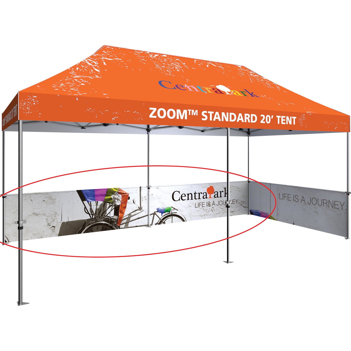 Two 114" Tent Half Walls Make a Full 20' Half Wall. Shown on 20' Standard Tent With Custom-Printed Canopy & 114" Half Wall on Right-Hand Side (All Sold Separately).